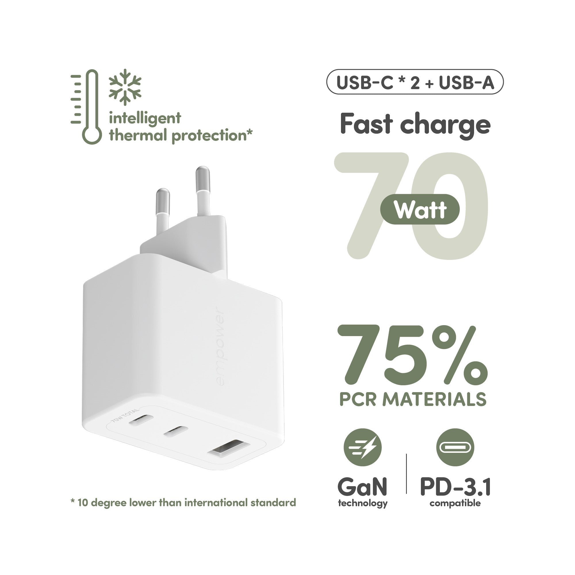 empower by PanzerGlass® Turbo 70W Multiple Ladegarät inkl. 2 x USB-C + USB-A | EU Anschluss | Silber Weiss